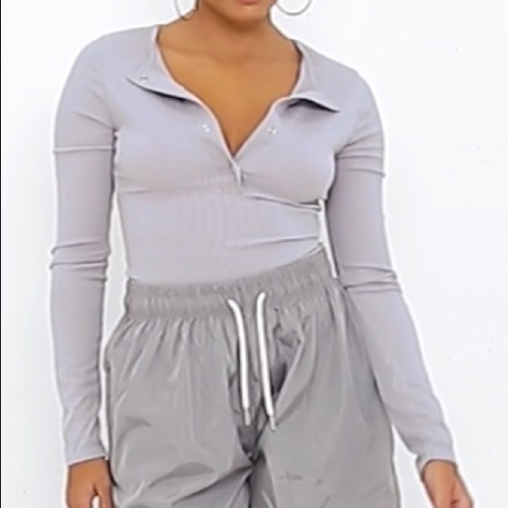 Grey silver ribbed popper bodysuit